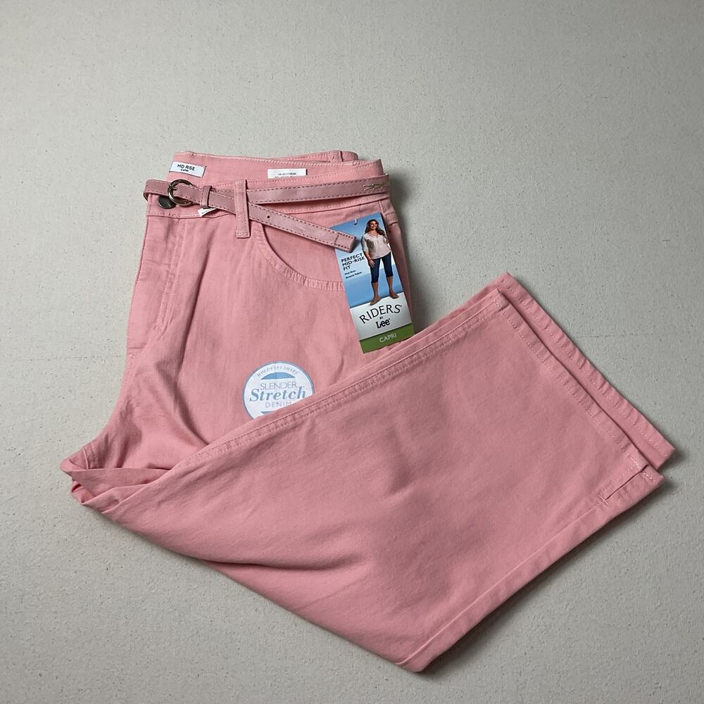 Riders By Lee Womens 14M Pink Belted Mid Rise Carpi Pants